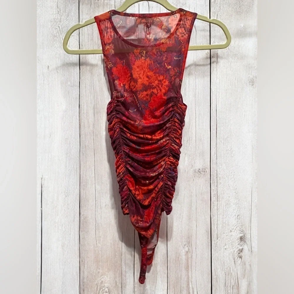 Free People Red Floral Mesh Bodysuit Size XS NWOT